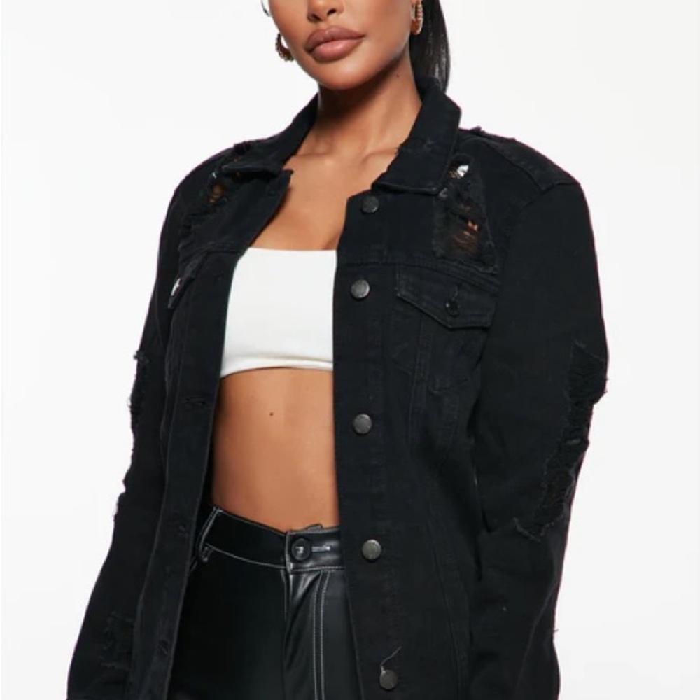 Fashion Nova Black Jean Jacket Distressed Oversized
